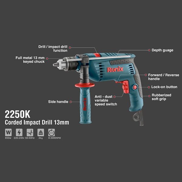 کیت دریل13 میلیمتری چکشی رونیکس 850 وات (2250K)